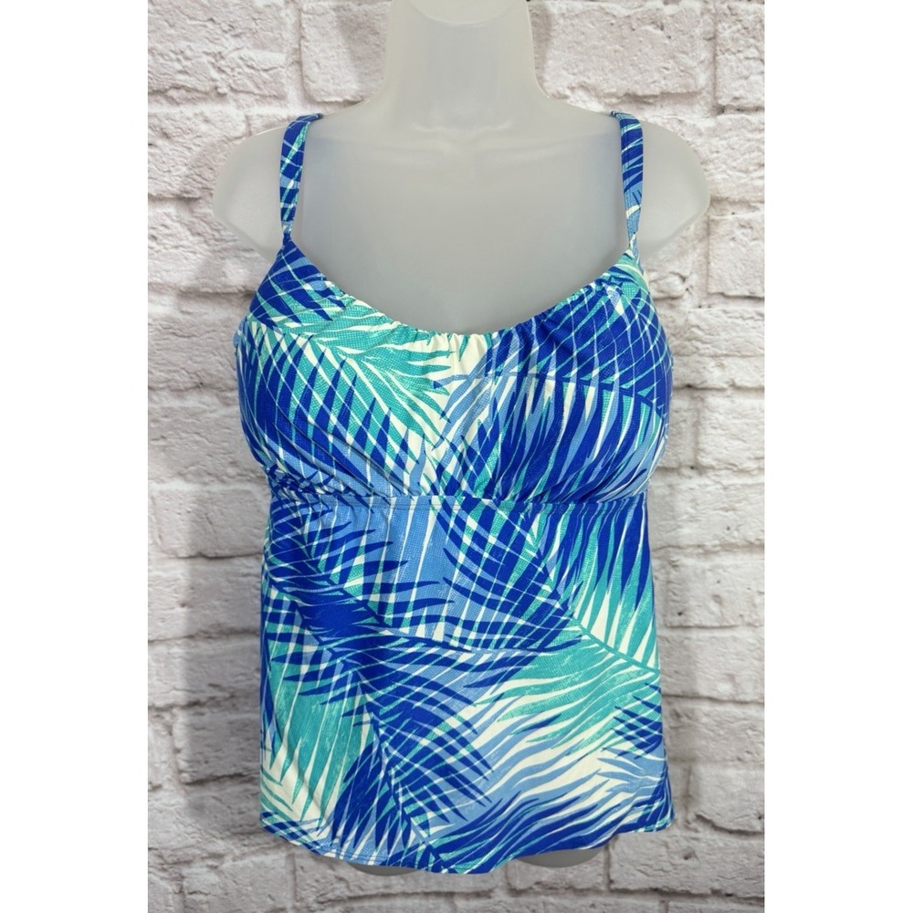 Coco Reef Tankini Top 38DD Blue White Leaf Print Underwire Adjustable Swimwear